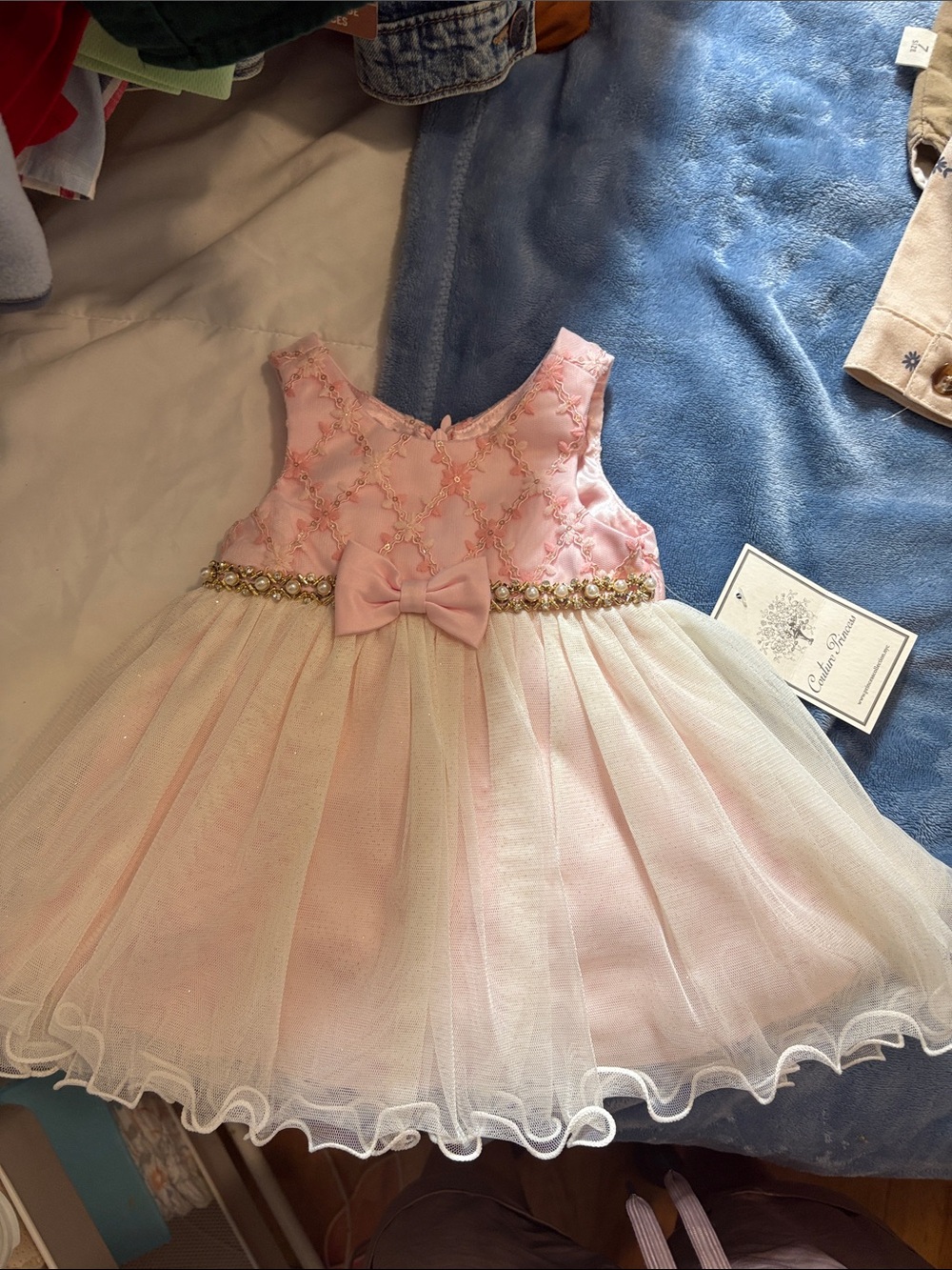 Elegant Pink and Ivory Bow-Appliqué Tulle Dress for Girls